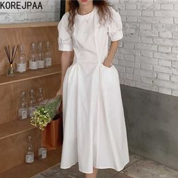 Korejpaa Women Dress Summer Korean Chic French Minimalist Round Neck Double Pocket Design Puff Sleeve Large Swing Vestidos 210526