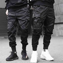 LACIBLE Ribbons Hip Hop Cargo Pants Men Black Pocket Streetwear Harajuku Techwear Pants Trousers Harem Joggers Sweatpants 210406