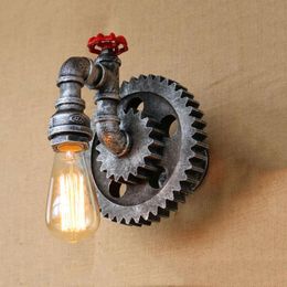 Wall Lamp Industry Vintage Retro Loft Iron Wood Gear Wheel Light Study Showroom Living Room Bar Club Cafe Bra Sconce