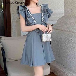 Summer Grey Dress Woman Diamonds Embroidery V-neck Sleeveless Bodycon High Waisted Runway Party Mini es Ruffle 210603