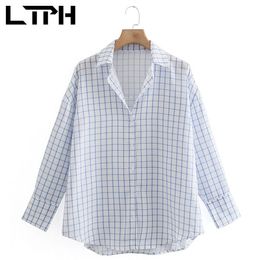 loose vintage blouses for women plaid shirt long sleeve POLO collar casual shirts simple comfortable tops Summer 210427