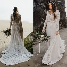 Hippie Boho Beach Elopement Backless Wedding Dress Chiffon Seaside Long Sleeve Big Size Photoshoot V Neck Lace Bridal Gown