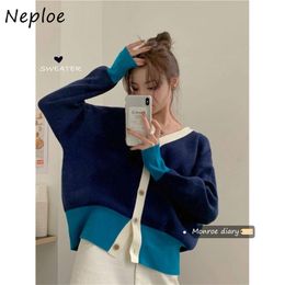 V Neck Single Breast Knit Sweater Cardigans Women Hit Color Patchwork Long Sleeve Pull Femme Coat Spring Vintage Sueter 210422