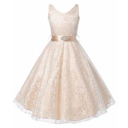 New Style Flower Girls Dresses Kids Lace Dresses with Rhinestone Sash Children Party Wedding Bridesmaid Clothing Q0716