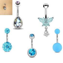 Set of 5 Pieces Stainless Steel Zircon Belly Button Ring Dangling Butterfly Navel Barbell for Women and Girls