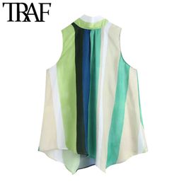 TRAF Women Fashion With Bow Striped Soft Touch Asymmetry Blouses Vintage High Neck Sleeveless Female Shirts Chic Tops 210415