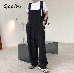 Qooth Linen Cotton Wide Leg Jumpsuit Womens Loose Solid All-Match Trousers Summer Causal Thin Pockets Rompers Overalls QT629 210518