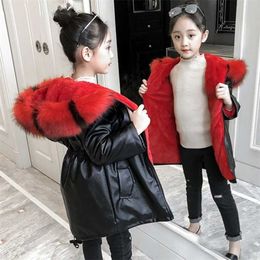 Children Winter Velvet Jacket Waterproof Parkas Outerwear Hooded Coats For Girls Outwear Pu Leather Snowsuit Windbreaker 211204