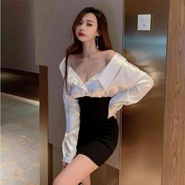 autumn winter temperament lapel exposed clavicle front and rear two wear stitching bag hip French dress women 210416