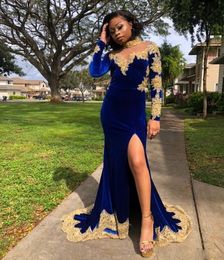 Royal Blue Velour Evening Dresses Long Sleeves Backless Mermaid Prom Gowns With Gold Lace Appliqued High Neck Side Split Black Girls Dress