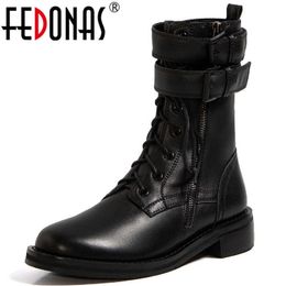 Metal Buckle Ankle Boots Female Women Shoes Side Zipper Round Toe Woman Genuine Leather Working Motorcycle 210528