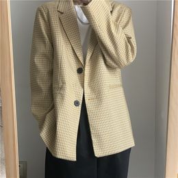 Office Ladies Long Sleeve Plaid Blazer Vintage Elegant Formal Single Breasted Jackets Causal Suit Coat Women Blazers 210421