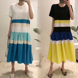 Chic Korean Summer O Neck Short Sleeve Contrast Dress Women Rainbow Big Swing Vestido Feminino Casual Fashion Harajuku Loose 210610