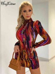 Hugcitar Tie Dye Print Long Sleeve With Shoulder Pads Turtleneck Mini Dress 2021 Summer Fall Bodycon Sexy Party Club Elegant Y2K Y1204