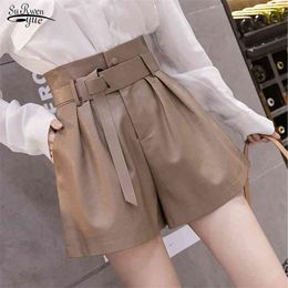 Autumn Winter Black PU Faux Leather Women Shorts Sashes High Waist Wide Leg Elegant Female Solid Trousers 12242 210521