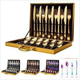 24pcs Gold Dinnerware Set Stainless Steel Tableware Set Knife Fork Spoon Luxury Cutlery Set Gift Box Flatware Dishwasher