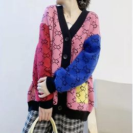 New women Sweaters Long Sleeve Casual Cardigan Autumn V-neck Patchwork Knit Sweater Spatching Letter Print jacket