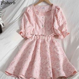 Women 2 Piece Set Summer Fashion Sweet Suit Square Collar Rops Lace Up Big Swing Skirts Korean Pink Female Two 210519