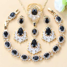 Africa Women Yellow Gold Colour Big Jewellery Sets Black Zircon White Crystal Long Stud Earrings/Bracelet/Ring Four-Piece Suit H1022
