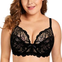 Plus Size Bra Women Full Coverage Sexy Embroidery Floral Lace Bra Unlined Underwire Black White Brassiere Perspective Bralette 210623