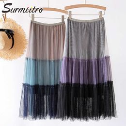 SURMIITRO Summer Long Tulle Skirt Women Vintage Korean Style Patchwork Mesh Aesthetic High Waist Midi Pleated Skirt Female 210712