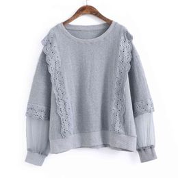 Johnature Women Pullover Sweatshirt Vintage Lace Patchwork O-Neck Full Sleeve Autumn Loose Casual Girl Sweet Sweatshirt 210521
