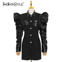 Patchwork PU Leather Black Jumpsuit For Women Lapel Puff Long Sleeve High Waist Mini Slim Jumpsuits Female 210520