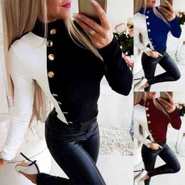 Trendy Women Turtle Neck Long Sleeve Colour Block Buttons Decor Pullover Blouse Spring Summer Blouse Women Long Sleeve Shirts H1230