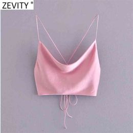 Women Fashion Spaghetti Strap Sexy Chic Pink Camis Tank Ladies Summer Backless Lace Up Satin Crop Sling Tops LS9207 210420
