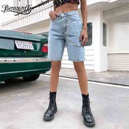 Chain Detail Destroyed Biker Shorts Women Summer Ripped Denim High Waist Casual Streetwear Jeans 210510