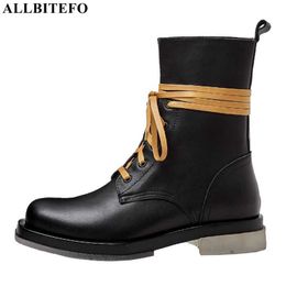 ALLBITEFO soft natural genuine leather women boots lacing fashion leisure winter shoes ankle boots motocycle boots Bottes femme 210611