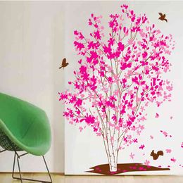 One Tree Dream Pink Flowers Birds Wall Stickers Home Decoration in Living Room adesivo de parede 210420