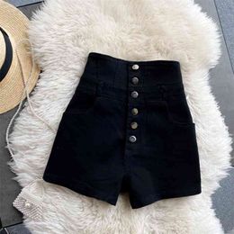 Summer High-waist Single-breasted Denim Shorts Black Retro Korean Fashion Slim All-match C641 210507