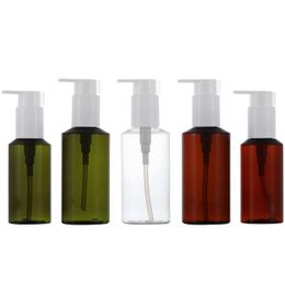 Empty Plastic Bottle Brown Green Clear Round Shoulder White Collar Bring Card Buckle Lotion Pump Portable Refillable Cosmetic Packaging Container 100ml 150ml