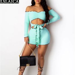 Long Sleeve Women Rompers Womens Jumpsuit Autumn Off Shoulder Body Sexy Hollow Out Strappy Short Solid Playsuit Club 210520