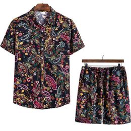 Paisley Men's Sets Short Sleeve Summer Casual Aloha Shirt Suit Print Hawaiian Beach Shorts Set Oversize Streetwear 13+ Colors 210524