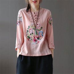 Spring Women Tshirt Plus Size Long Sleeve Loose O-neck Buttons Tee Shirt Femme cotton linen Embroidery Vintage Tops YN2 210512