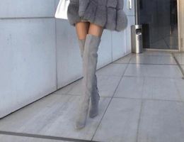 Woman Boots Grey Suede Leather Slim Tassel Back Pointed Toe Over The Knee Thin Thigh Long Boot Fringe High Heels