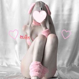Anime Cosplay Costume DDLG Bunny Girl Sexy Baby Pink Rabbit Bikini Set Erotic Outfit For Woman Tie Side GString Bra Thong Kawaii