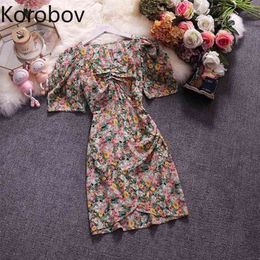 Korobov Summer Chic Sweet Print Dress Vintage V Neck Puff Short Sleeve Dresses Summer High Waist A-Line Korean Vestidos 210430