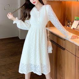 Women Spring Autumn White Lace Elegant Sexy Party Button V Neck Long Sleeve A Line Midi Dress 210415