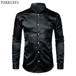 Black Slim Fit Silk Dress Shirt Men Satin Smooth Men Tuxedo Shirt Business Wedding Prom Male Casual Shirt Chemise Homme Xxl 210522