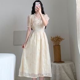 Women Retro Embroidery Floral Fairy Dress Vestido Summer Elegant Chiffon Short Sleeve High Waist Party Dresses Femme 210518