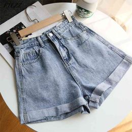 Summer Women Wide Leg Hole Blue Denim Shorts Vintage Female Loose Solid Color Streetwear Jeans 210430