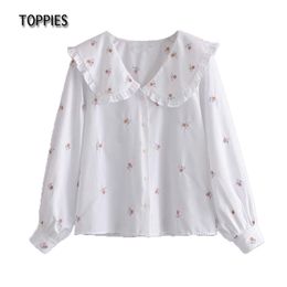 Sweet Floral Embroidered Blouses Tops Women Peter Pan Collar Vintage Female Long Sleeve Button Shirts 210421