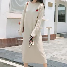 Casual Dresses Fall Winter 2021 Korea Fashion Straight Cherry Pendant Knitted Maxi Dress Loose Thick Long Sleeve Vestidos De Mujer