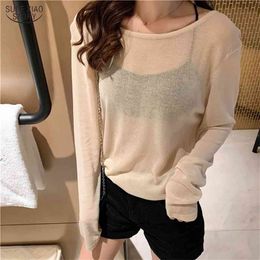 Solid Backless Blouse Korean Long Sleeve Women Thin Shirts Summer Sun Protection Clothes Female Transparent Top Blusas 9992 210506