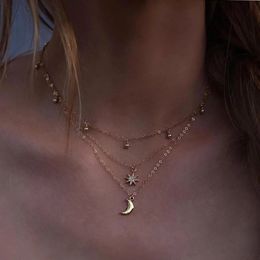 Classical Moon Pendant Necklace for Women Luxury Crystal Stone Multi-layer Alloy Metal Chain Choker Party Jewellery