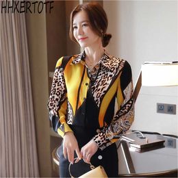 spring Casual Women Fashion Chiffon Shirts Lady Tops Spliced Leopard Button 210531