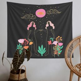 Tapestries Abstract Line Naked Girl Tapestry Wall Hanging Colourful Floral Plants Bedroom Dorm Decor Black Background Eye Wisdom Decoration